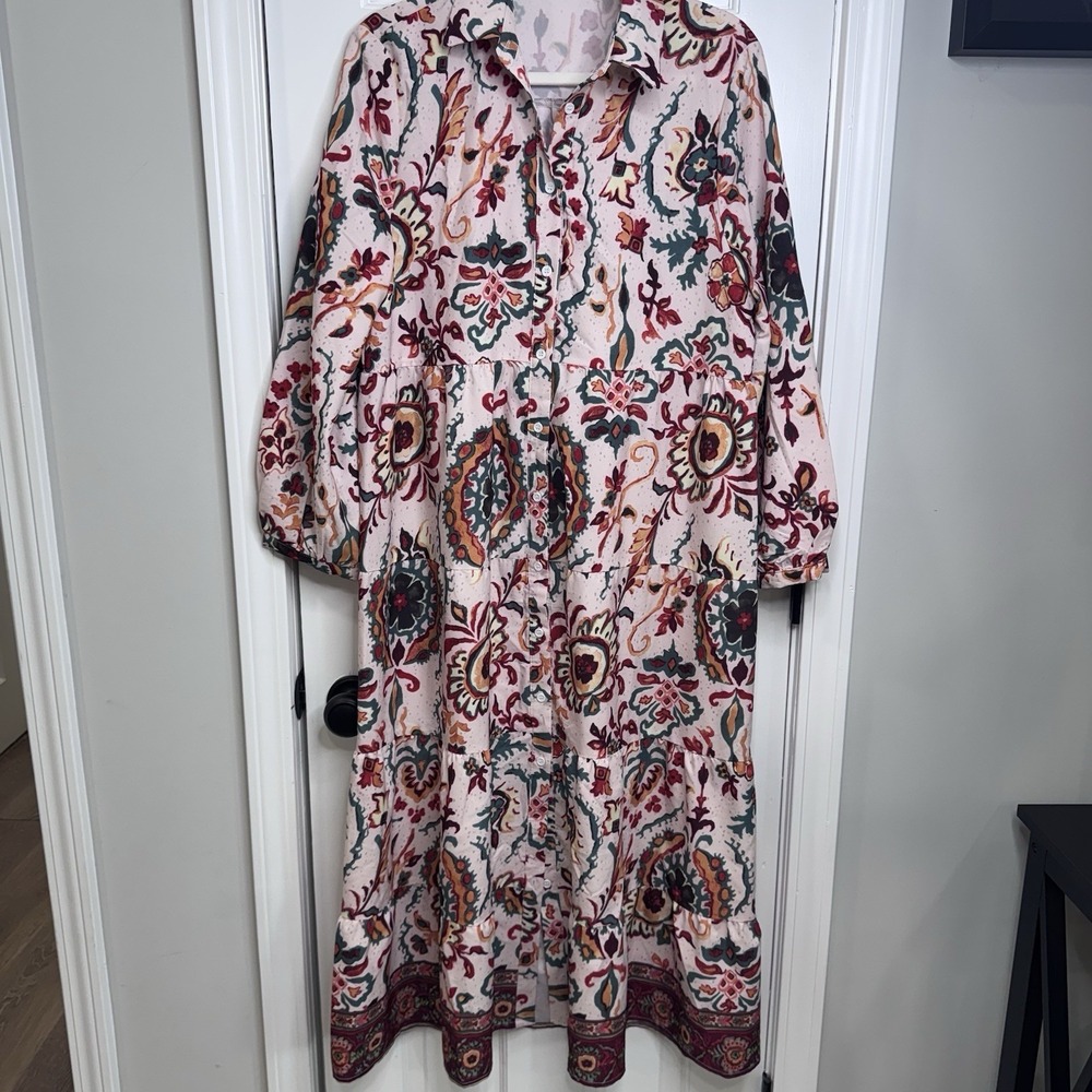 Boho Tiered Maxi Shirt Dress Womens Large Pink Floral Paisley Button Front